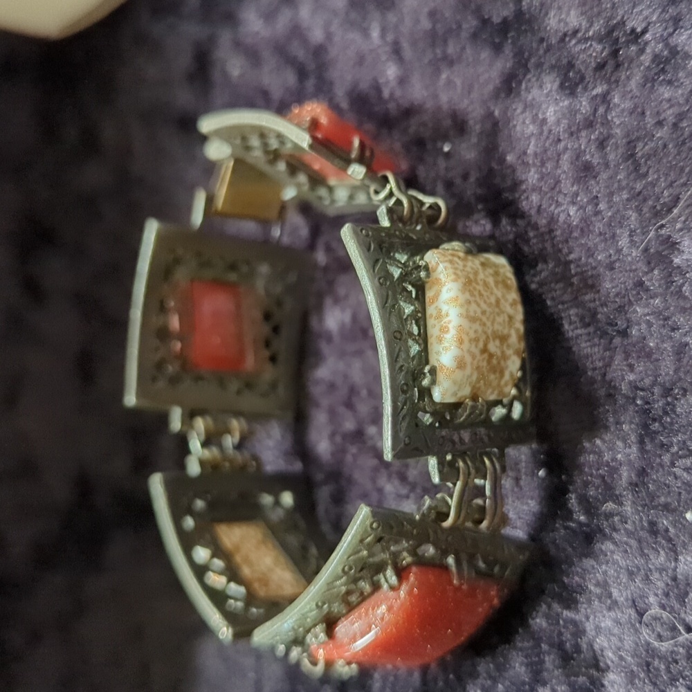 Unmarked Vintage Silver Tone Stone Boho Bracelet